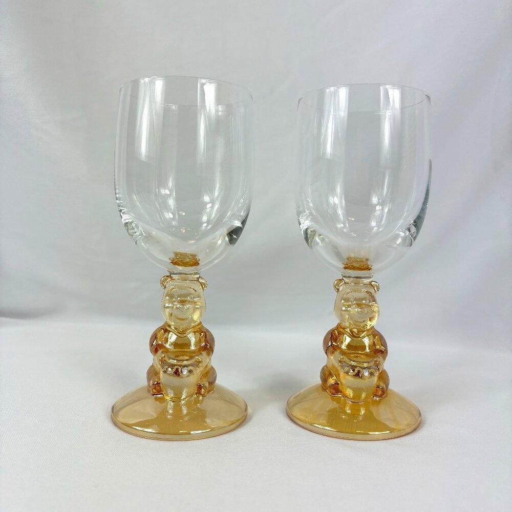 Vintage Disney Winnie the Pooh Wine Glasses Gold Honey Pot Figural Goblets Pair